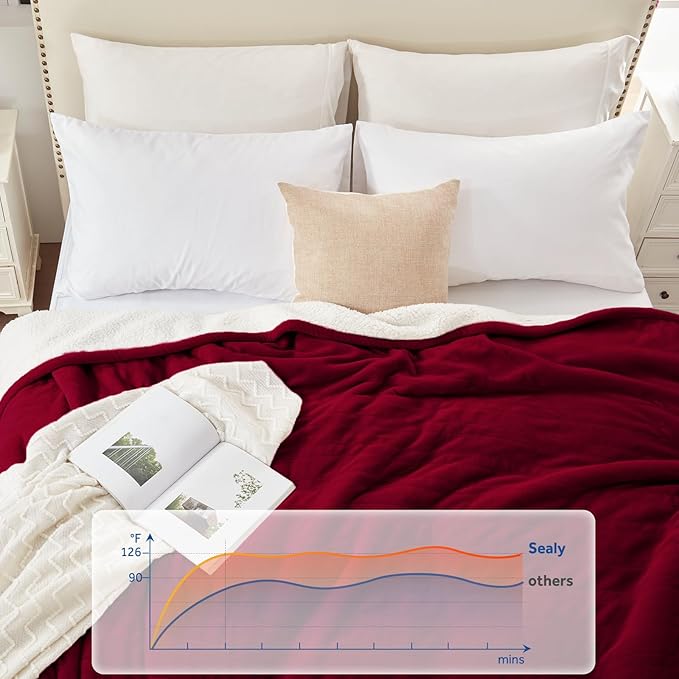 Sealy Electric Blanket Throw Size 50"*60",Super Cozy Flannel to Sherpa Reversible Heated Blanket Throw with 6 Heating Levels & 2-10 Hours Auto Off Overheating Protection Machine Washable,Red-Ruum Studio Home