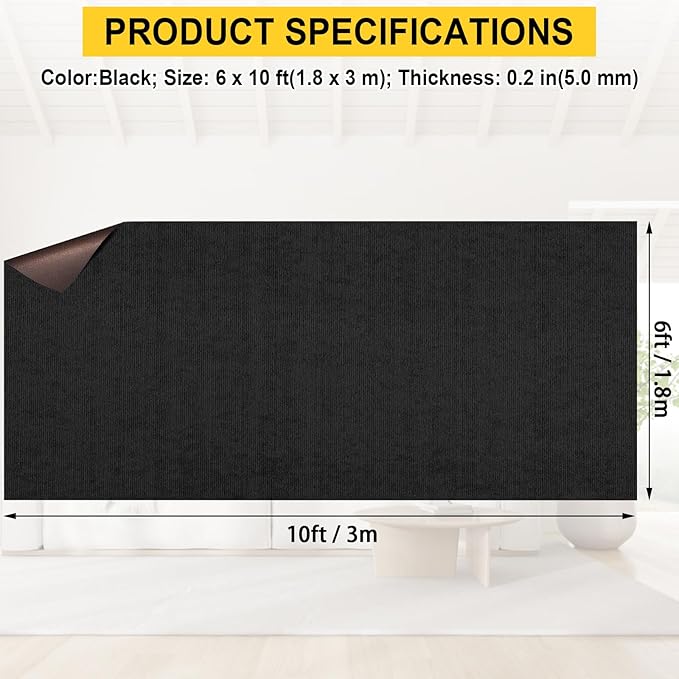 Marine Carpet - 6 FT x 10 FT Black Indoor Outdoor Rug (0.2" Thick) with Water-Proof TPE Backing, Non-Slip Outdoor Marine Carpet Roll for Home, Patio, Porch, Deck-Ruum Studio Home