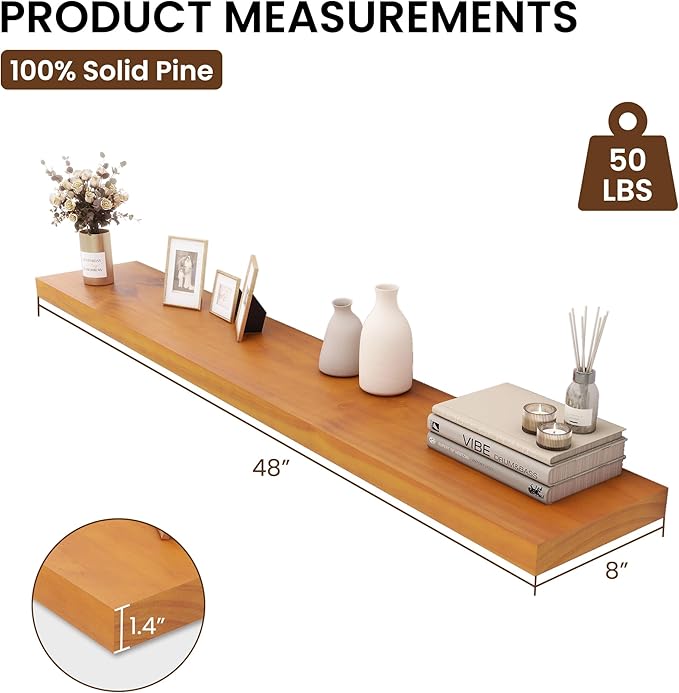 Light Brown Wooden Floating Wall Shelves 48 Inches Long x 8”x 1.4” Shelf Floating Rustic Farmhouse Decor, Heavy Duty Shelf Hold 100 lbs, Wall Shelves for Bathroom Living Room Kitchen Bedroom Office-Ruum Studio Home