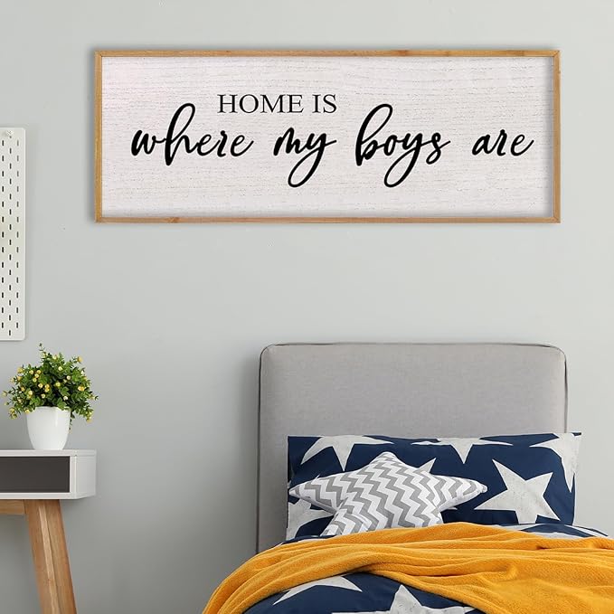 Home Is Where My Boys Are Wall Decor 40"×15" mom and her boys Sign for boys room Playroom Large Wood Framed Wall Hanging Art (Wood)-Ruum Studio Home