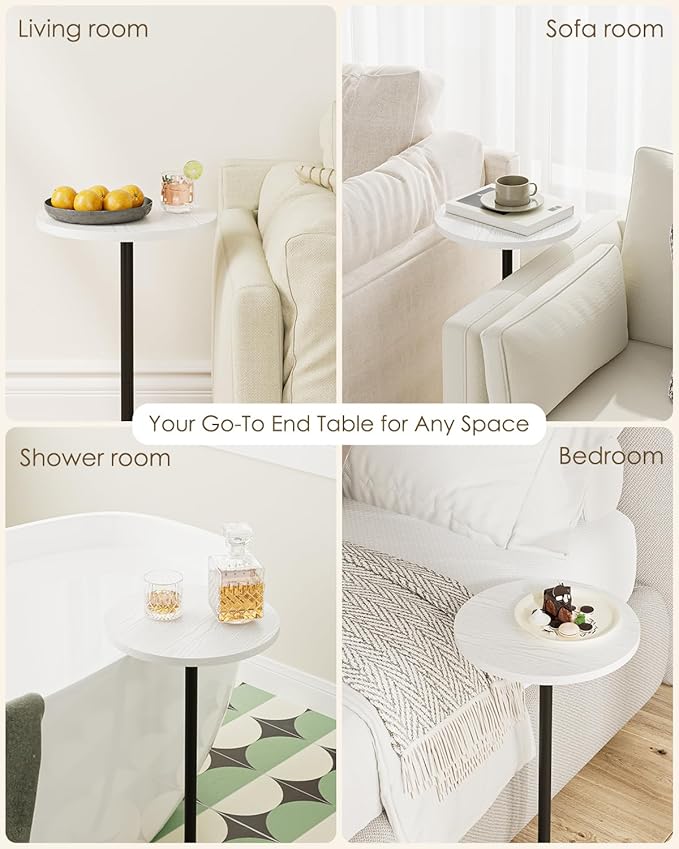 Masupu Drink Table, Round Side Table for Small Spaces, Pedestal Side Table, Small End Table with Metal Base, for Living Room, Bedroom, Bathroom, White-Ruum Studio Home