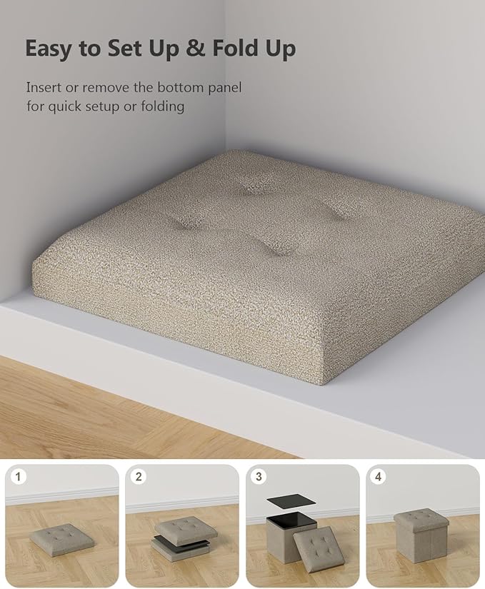 15 Inches Small Folding Storage Ottoman Cube, Storage Footrest, Foot Rest Stool, for Living Room, Bedroom, Dorm, Hallway, Entryway, Sandy Beige-Ruum Studio Home