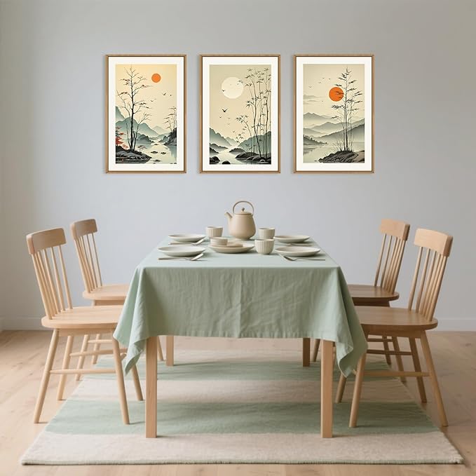 Chinoiserie Bamboo Forest Framed Canvas Wall Art Set, Nature Tree Lakes Wall Decor, Minimalist Zen Landscape Wall Painting, Watercolor Art Prints for Living Room, Bedroom, Office 16"X24"X3-Ruum Studio Home