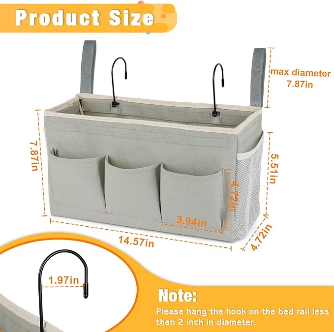 Bedside Storage Organizer with Fixed Straps and Water Bottle Holder for Home, College, Dorm, Bunk / Hospital Bed, Crib Bed Rails (Grey)-Ruum Studio Home