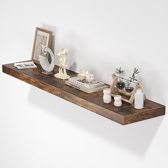 Floating Shelves for Wall, 48"W x 9.3"D x 1.5"H, Wooden Wall Mounted Display Shelf with Invisible Brackets for Living Room, Bedroom, Bathroom, Kitchen Decor and Storage, Set of 1, Rustic Brown-Ruum Studio Home
