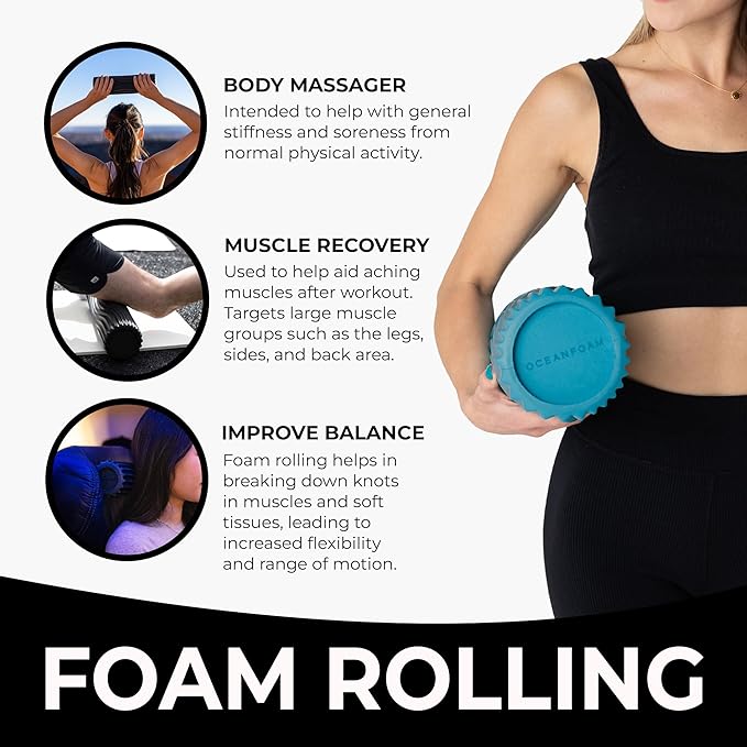 Oceanfoam Tidal Roller - Miami Blue - Muscle Massage Foam Roller for Back Pain & Stretching - Firm and Ergonomic Wide Wave Textured - Yoga, Athletics, & Wellness - Full Size, 20" x 5"-Ruum Studio Home