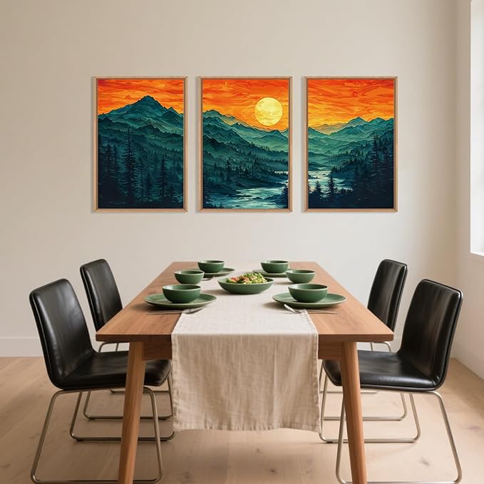 Woodland Mountain Framed Canvas Wall Art Set, Abstract Ridge Wall Painting, Boho Sunset Scenery Wall Decor, Modern Natural Landscape Art Print for Living Room, Bedroom, Office - 16"x24"x3-Ruum Studio Home