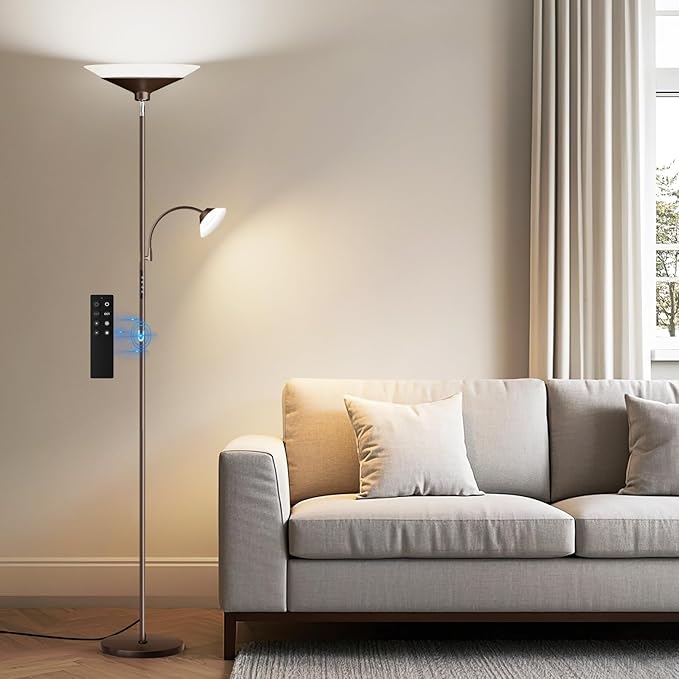 Brown Torchiere LED Floor Lamp - 72" Rotating Standing Lamp with Remote, 34W Dimmable Floor Light with Color Changing, Tall Bright Corner Lamp for Reading Living Room Bedroom Office-Ruum Studio Home
