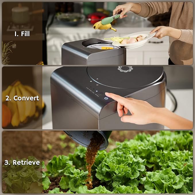 Airthereal Revive Electric Kitchen Composter, SHARKSDEN Tri-Blade, Turn Food Waste and Scraps into Dry Compost Fertilizer for Plants, R500 Gray-Ruum Studio Home