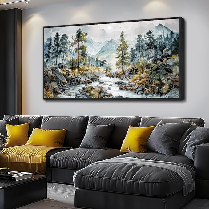 PHAOHUAXM Large Wall Art For Bedroom Wall Decor For Living Room Office Decoration Rivulet View Painting Forest Tree Landscape Watercolour Pictures Canvas Artworks Home Decor Black Framed 24x48 In-Ruum Studio Home