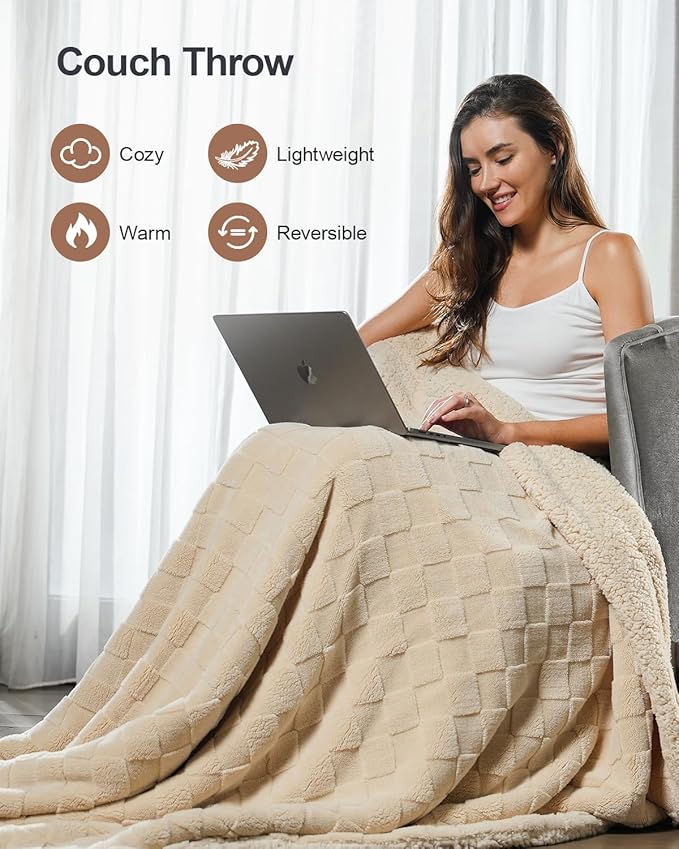 Pawque Super Soft Cozy Throw Blanket for Couch Sofa Bed - Fluffy Sherpa Fleece Reversible Thick Warm Fuzzy Blanket for All-Season, 3D Checkered Jacquard Elegant Decorative Blankets, Khaki, 50" x 60"-Ruum Studio Home