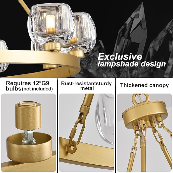Gold Wagon Wheel Chandelier, 48 Inch Brass Chandeliers with Unique Glass Shade, 12-Light Crystal Large Wagon Wheel Chandeliers for Dining Room, High Ceiling Round Chandelier for Living Room, Foyer-Ruum Studio Home