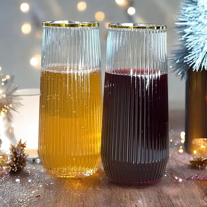 24 Pack Ribbed Origami Ripple Plastic Glasses, 12-9 Ounce Stemless Champagne Flutes & 12-12 Ounce Cups, BPA-Free Disposable Shatterproof Toasting Glasses for Weddings, Bars, and Events (Gold Rim)-Ruum Studio Home