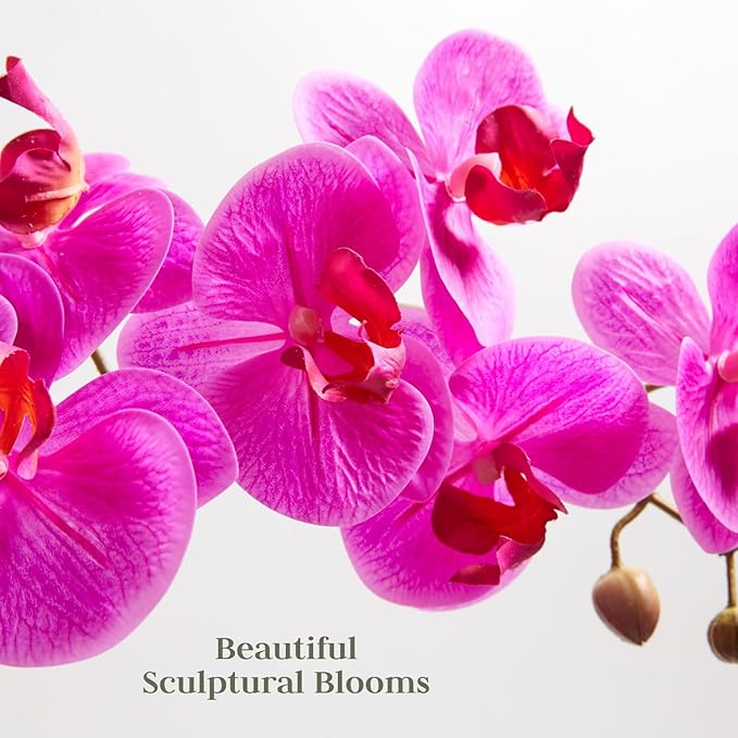 Faux Pink Orchid Plant, Premium Artificial Indoor Flower Display Stands 25-Inches with Beautiful Sculptural Blooms and Foliage That Lasts Forever, Grey Planter Pot Included-Ruum Studio Home