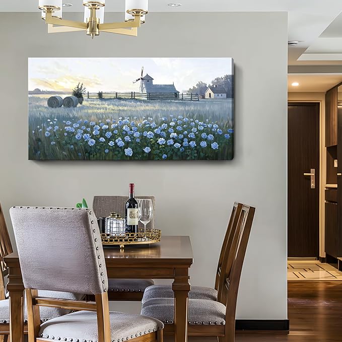 amatop Large Rustic Canvas Wall Art – Farmhouse Blue Rose and Windmill Landscape Picture, Nature Country Floral Sunset Wall Decor for Living Room Bedroom, Countryside Botanical Artwork Print 48x24 Inch-Ruum Studio Home