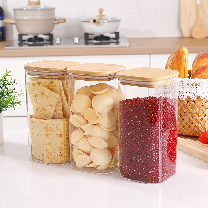 Glass Food Storage Jars with Lids(50oz)Square Set of 3 ,Glass Storage Containers Clear Glass Food Canister with Bamboo Lid Airtight For Serving Tea, Coffee Beans, Flour,Cookie, Cereal,Spice and More-Ruum Studio Home