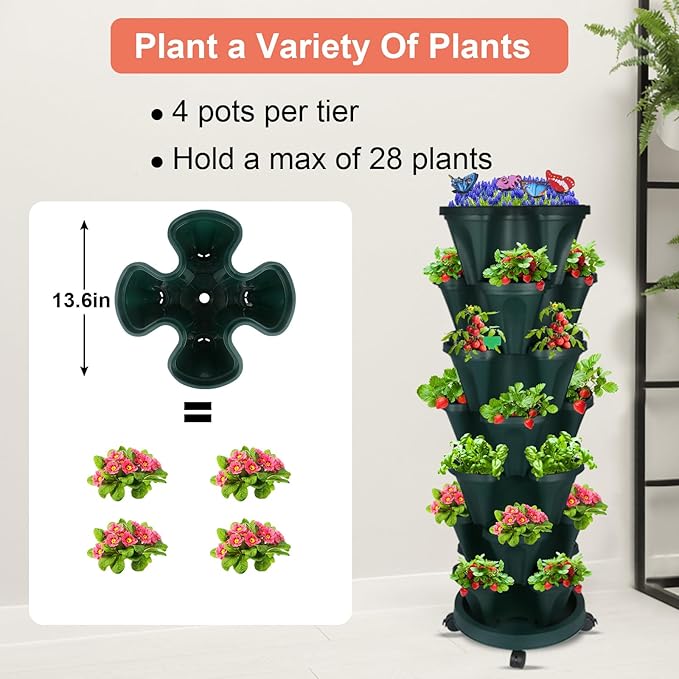 Vertical Planter, 7 Tier Stackable Strawberry Planter with Garden Tool Set, Movable Indoor/Outdoor Garden Herb Pot for Growing Vegetables and Succulents, Green-Ruum Studio Home
