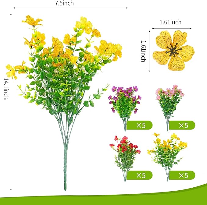 ‌20 Bundles Artificial Flowers for Outdoors‌ with 6 Faux Butterflies, UV Resistant ‌Fake Flowers‌ with Eucalyptus Leaves, ‌Artificial Plants Outdoor‌ for Patio Garden Porch Home Decor (Mix 4 Colors)-Ruum Studio Home
