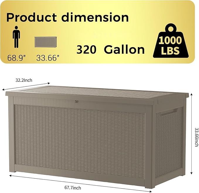 320 Gallon Outdoor Storage Box Patio Deck Box Waterproof, Resin Lockable Outside Large Storage Bin for Pool Cushion Furniture, Garden Tools UV-Resistant, Grey-Ruum Studio Home