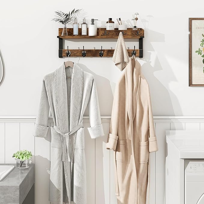 Homode Coat Rack with Shelf, Wall Shelf with Hooks, 26 Inch Long Coat Hanger Wall Mount with Key and Mail Holder, Wood Entryway Shelves for Hanging Hat Jacket Backpack Purse, Rustic Brown Black-Ruum Studio Home