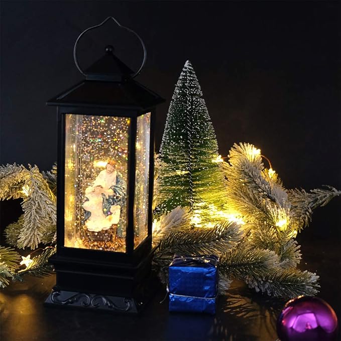 Eldnacele Battery Operated Plug-in Musical Lighted Christmas Water Snowing Glittering Snow Globe Lantern with Timer Christians Nativity Lantern Decor, Holy Family-Ruum Studio Home