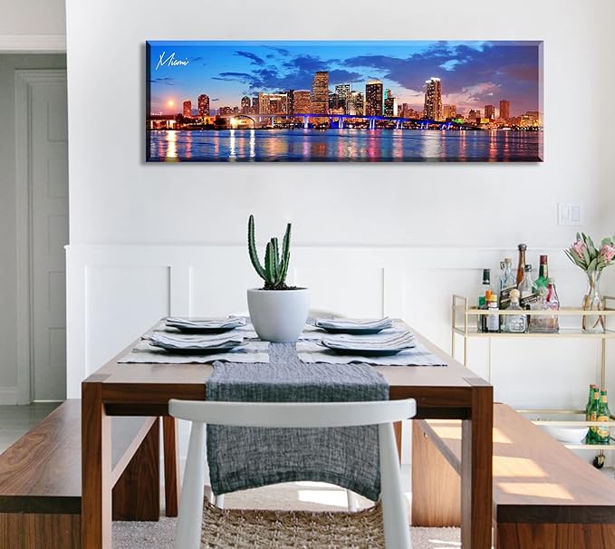 Office Wall Decor Miami Skyline Wall Art Panoramic Cityscape Picture Modern USA City Night View Canvas Prints for Bedroom Living Room Home Decoration Stretched and Framed Ready to Hang 13.8"x45.3"-Ruum Studio Home