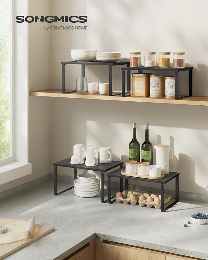 SONGMICS Cabinet Organizer Shelf, Set of 2 Kitchen Counter Shelves, Kitchen Storage, Spice Rack, Stackable, Expandable, Metal and Engineered Wood, Ink Black and Charcoal Black UKCS02B01-Ruum Studio Home