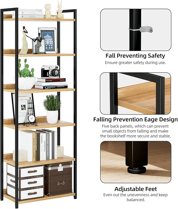 NUMENN Bookshelf, 6 Tier Bookshelves, Home Office Bookcase Shelf Storage Organizer, Free Standing Storage Shelving Unit for Bedroom, Living Room and Home Office, Natural-Ruum Studio Home