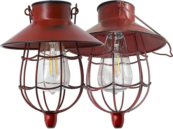 YAKii 2 Pack Solar Lantern Hanging Waterproof Outdoor Metal Solar Lamp with Warm White Light Decorate for Yard Garden Pathway Patio Porch Decor (Red)-Ruum Studio Home