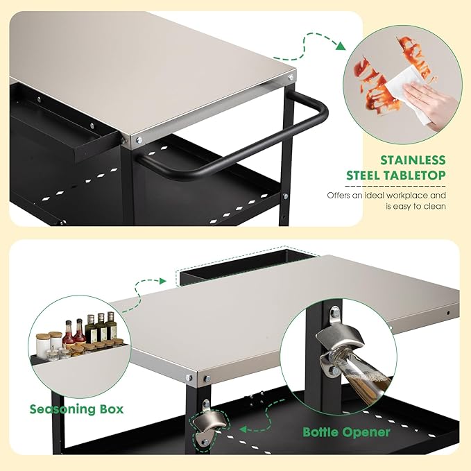 Outdoor Grill Cart Table,Indoor and Outdoor Pizza Oven Table,with 4 Movable Total Lock Casters, Hooks, Side Handle Multifunctional (Stainless Steel Table)-Ruum Studio Home