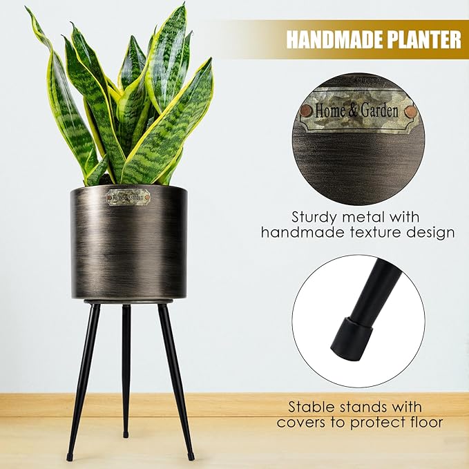 Harvest Land Plant Pots with Stand, Set of 2 Large Modern Planters Metal Tall Handmade Flower Pots with Drainage Holes Indoor Outdoor,Black-Ruum Studio Home