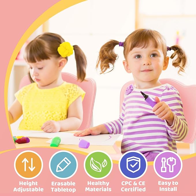 FUNLIO Kids Table and 4 Chairs Set for Ages 3-8, Height Adjustable Toddler Table and Chair Set, Easy to Wipe Arts & Crafts Table, for Classrooms/Daycares/Homes, CPC & CE Approved (5 pcs Set) - Pink-Ruum Studio Home