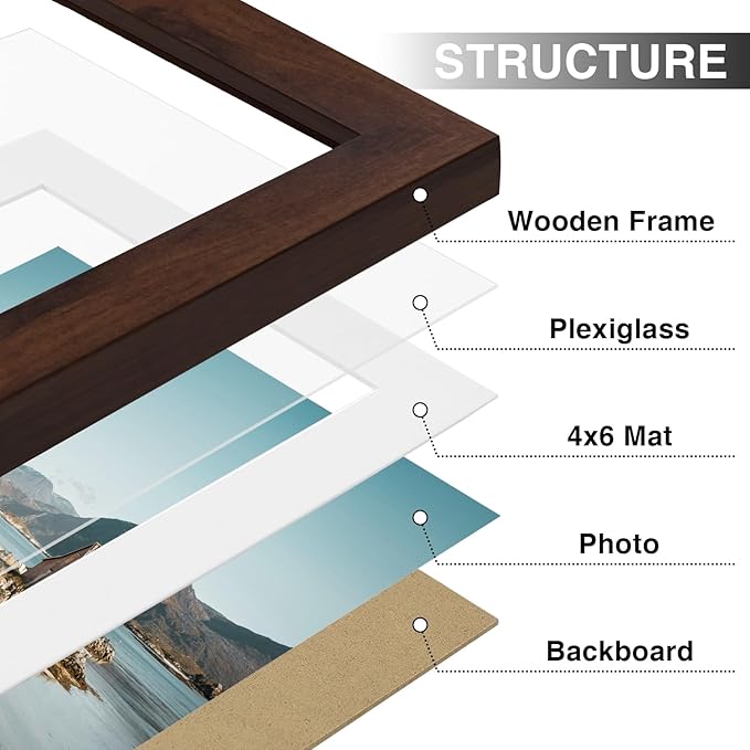 Vittanly 5x7 Picture Frames Set of 9, Shatter Resistant Plexiglass, Display 4x6 Pictures with Mat or 5x7 without Mat, Photo Frames for Wall or Tabletop, Engineered Wood, Walnut-Ruum Studio Home