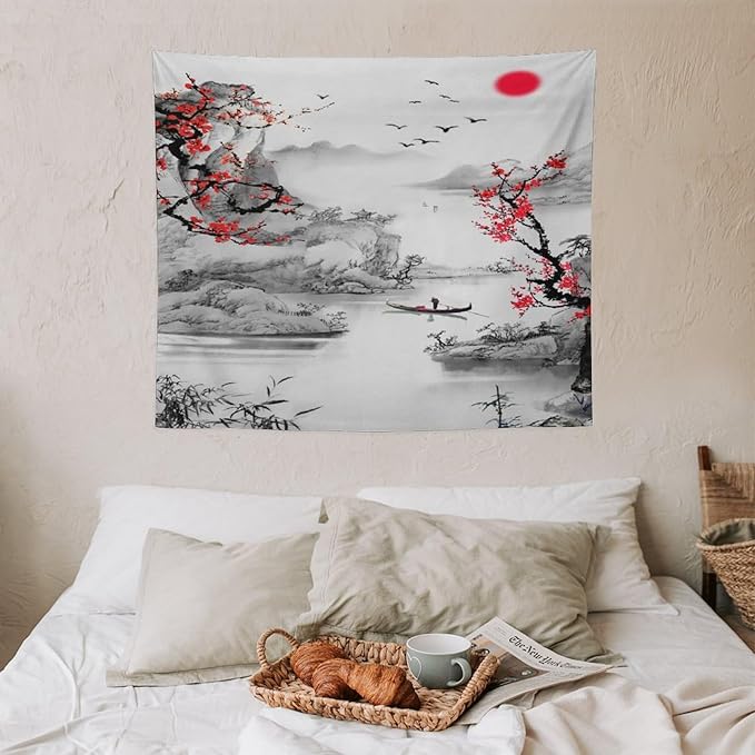 Cherry Blossoms Tapestry,Japanese Red Landscape Watercolor Abstract Art Tapestry,Asian Japanese Wall Tapestry, Nature Landscape Tapestries for Bedroom Living Room Decor 60"x50"-Ruum Studio Home