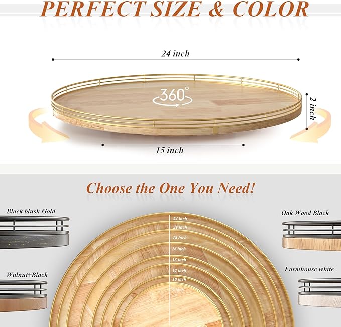 24 Inch Extra Large Lazy Susan Turntable - Premium Solid Oak Wood & Iron | Rustic Farmhouse Rotating Tray for Dining Table, Kitchen Countertop, Centerpiece Decor | Smooth 360° Spin | Durable & Stylish-Ruum Studio Home