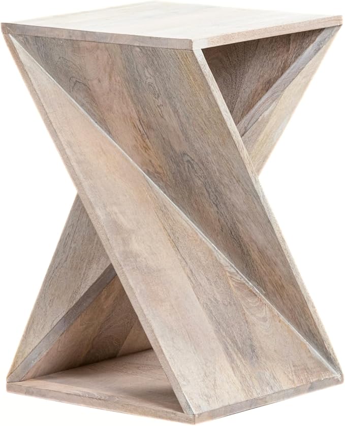 Modern Hand Made One-of-a-Kind Carved Mango Wood End Table, Farmhouse Side Table,Farmhouse End Table,Living Room,Bedroom, Accent Table, Contemporary Architectural Designed Whitewash,Assembled-Ruum Studio Home