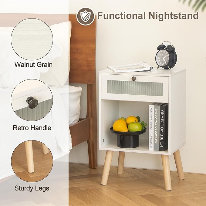 AWASEN White Night Stand, Modern Bedside Table with Glass Storage Drawer and Large Open Shelf, Wood Nightstand Side End Table with Solid Wood Legs for Bedroom, and Small Space, White-Ruum Studio Home