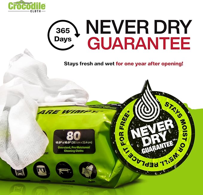 Crocodile Cloth PowerScrub - 80 Dual Surfaced Cloths, 10in X 15in. Large, Moist, Absorbent and Disposable Cleaning Cloths. Safe on Skin and Multiple Surfaces. (6500-080)-Ruum Studio Home