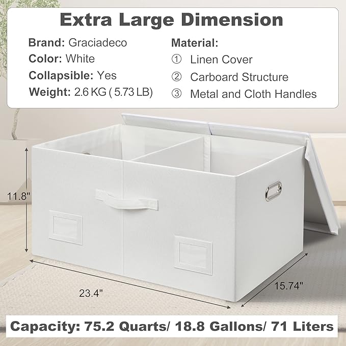 75 Quarts Extra Large Decorative Storage Bins with Lids, 1 Pack White Collapsible Storage Bins with Lids, Stackable Storage Bins Decorative Box Storage With Lid Extra Large-Ruum Studio Home