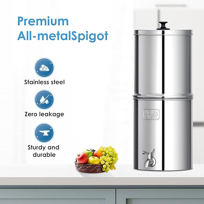 AQUA CREST Gravity Water Filter System, 304 Stainless Steel Countertop System with 4 Filters and Anti-Slip Stand, Reduce Fluoride and Chlorine, 2.25G, for Home, Camping, RVing, Off-Grid, Emergencies-Ruum Studio Home