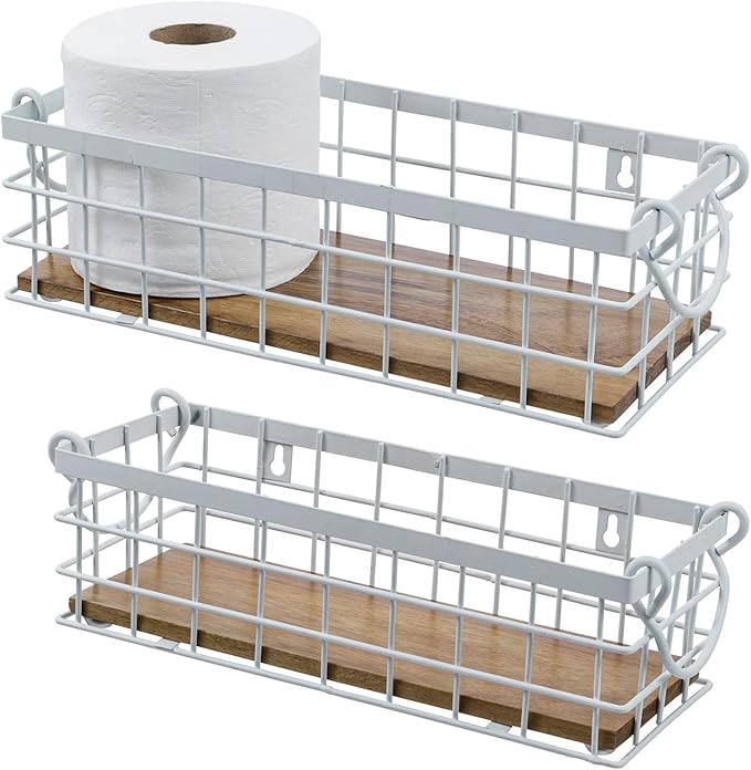 MyGift 13 and 12 Inch Nesting Storage Baskets with Handles, Wall Mounted or Tabletop White Metal Wire and Premium Acacia Wood Decorative Shelf Organizer Bins, 2 Piece Set-Ruum Studio Home