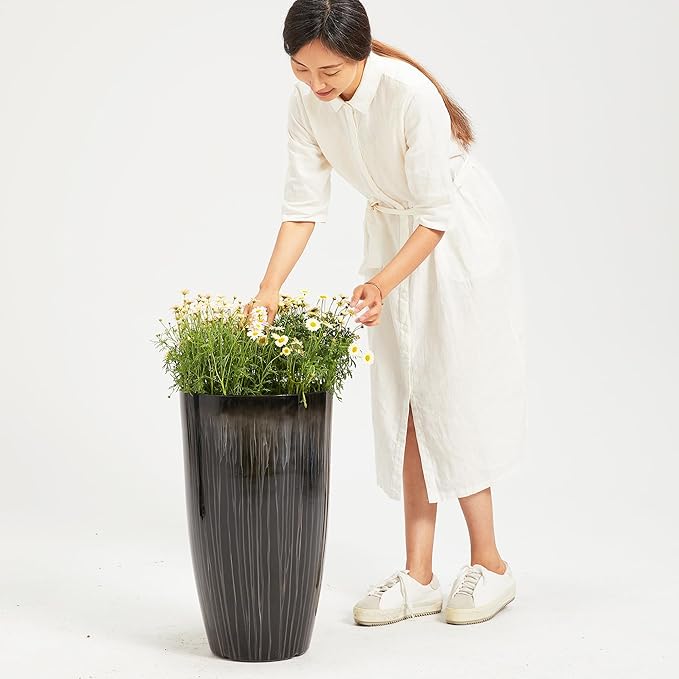 Worth Garden 23.5" H. Large Plastic Planters - Set of 2 Gradient Black Glossy Smooth Finish - Tall Plant Pots for Indoor & Outdoor Use - Decorative Lightweight Flower Pots for Front Porch, Patio, Deck-Ruum Studio Home