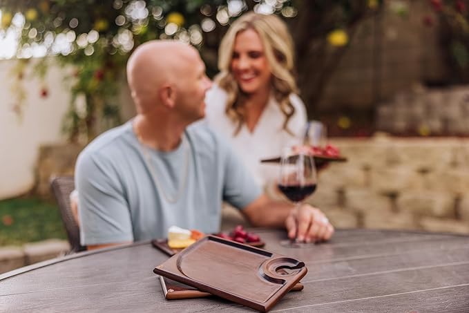 PICNIC TIME Rectangle Wine Appetizer Plates Set of 4, Cocktail Plate with Glass Holder, Cheese Board with Wine Holder, (Stained Parawood)-Ruum Studio Home