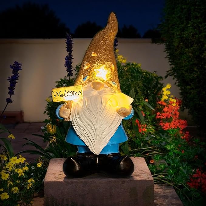 Solar Garden Gnomes Decor Outdoor Statue - Gnome Welcome Sign with LED Waterproof Sculptures Lights, Gnome Pond/Yard Statues Outside Decoration, Home, Lawn, Patio, Resin Ornament, Gardening Gift-Ruum Studio Home
