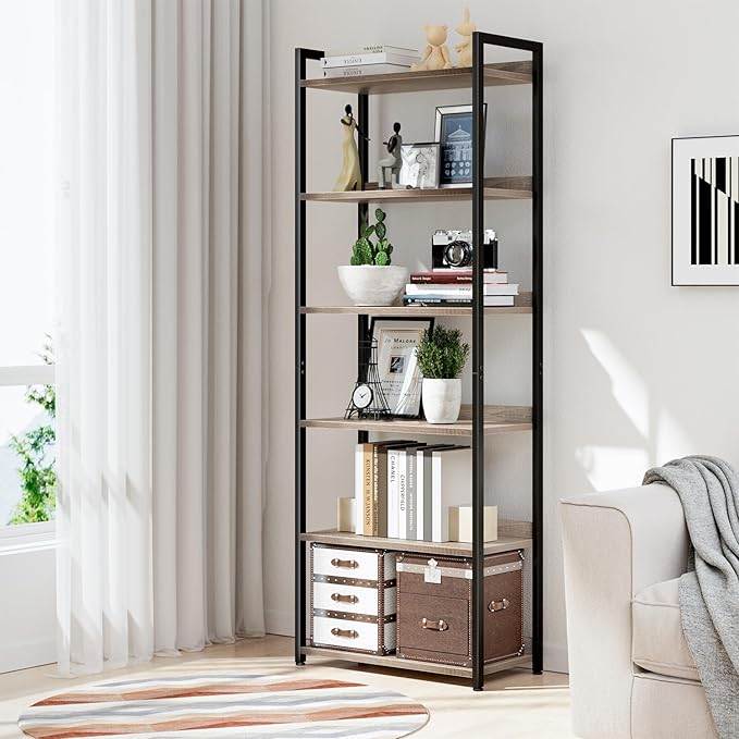 NUMENN Bookshelf, 6 Tier Bookshelves, Home Office Bookcase Shelf Storage Organizer, Free Standing Storage Shelving Unit for Bedroom, Living Room and Home Office, Grey-Ruum Studio Home