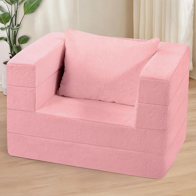 Folding Bean Bag Chair for Adults,3-in-1 Bean Bag Couch Faux Fur Floor Sofa Large Beanbag Convertible Bean Bag Sofa Bed with Pillow in Bedroom,Living Room,Apartment(Twin,Pink)-Ruum Studio Home
