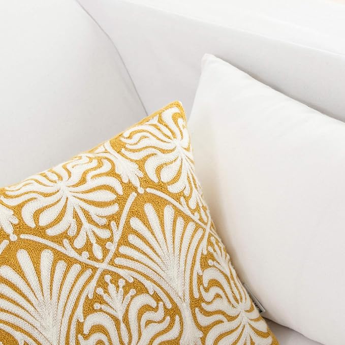 HWY 50 Mustard Yellow Decorative Lumbar Pillow Cover Rectangle 12x20 Inch (1 Piece), Embroidered Cotton Farmhouse Cushion Cover Pillow Case for Sofa Couch Living Room Bed, Minimalist Floral-Ruum Studio Home