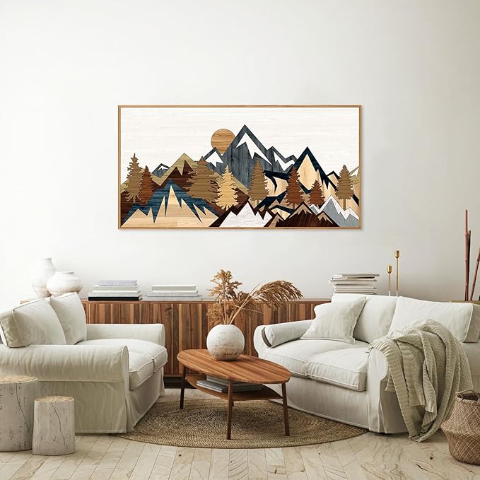 SIGNINART Large Mountain Framed Canvas Wall Art, Boho Sunrise Wilderness Wall Decor, Vintage Forest Nature Artwork, Modern Farmhouse Woodcut Style Art Prints for Living Room Bedroom, Office 20"x40"-Ruum Studio Home