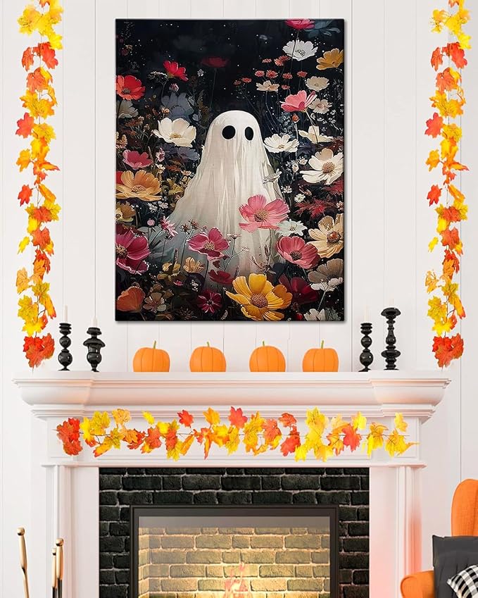 Halloween Canvas Wall Art,Vintage Cute Ghost & Wildflowers Framed Poster, Spooky Fall Decorations for Indoor, Gothic Dark Academia Wall Decor, Funny Halloween Decorations for Living Room Bedroom-Ruum Studio Home