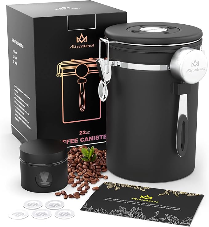 Coffee canister set for ground coffee with Date Tracker Travel Coffee jar,Stainless Steel Kitchen Food Airtight storage container for Coffee Beans or Grounds,Tea,Sugar (22oz-Black)-Ruum Studio Home